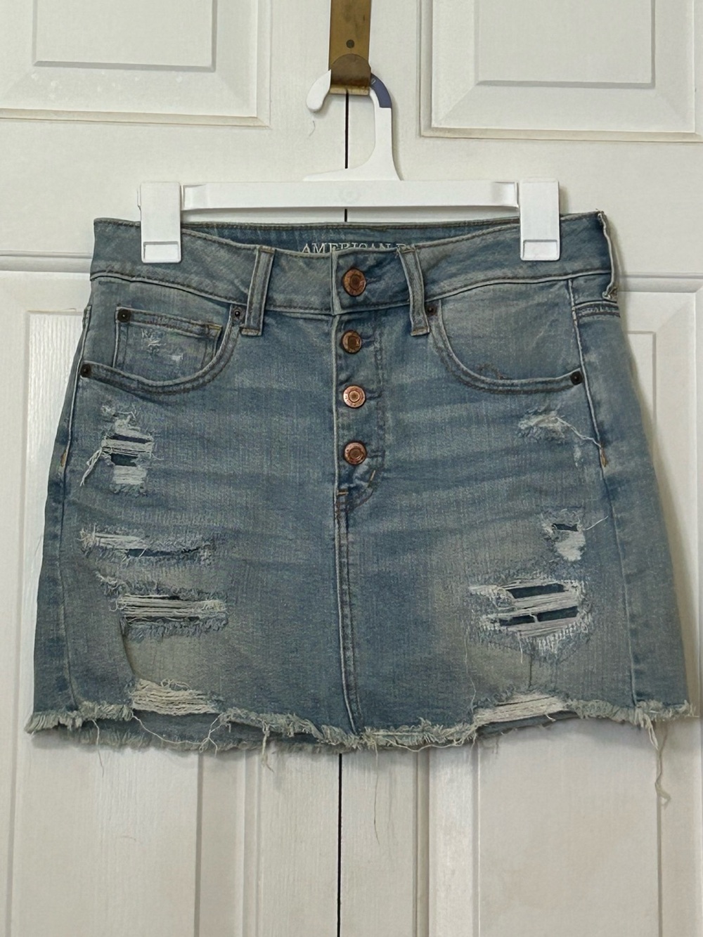 American Eagle Outfitters Light Blue Distressed Button-Front Denim Mini Skirt